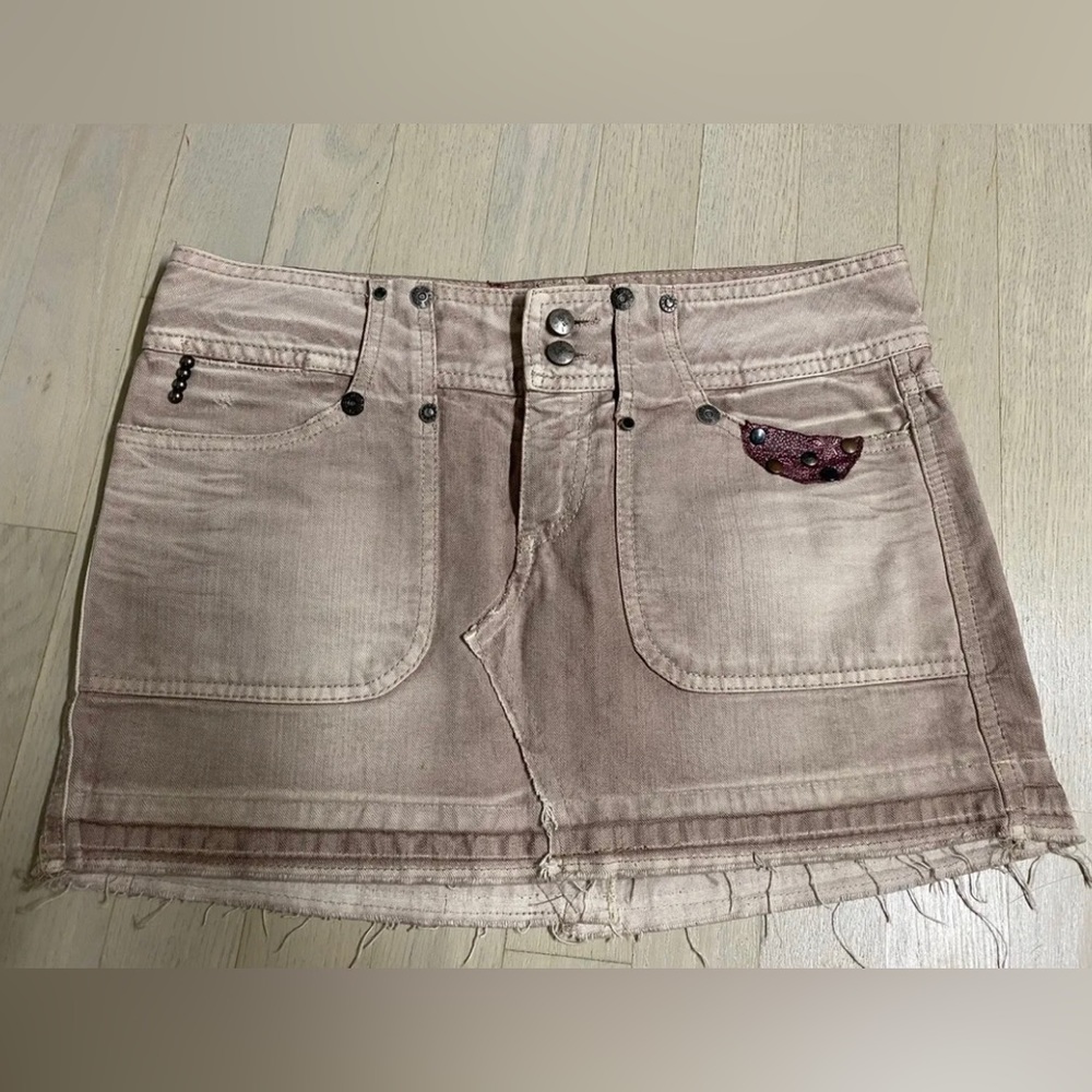 REPLAY Distress Fade Denim Jean Micro Mini Skirt stuffed pockets sz 27 Y2K